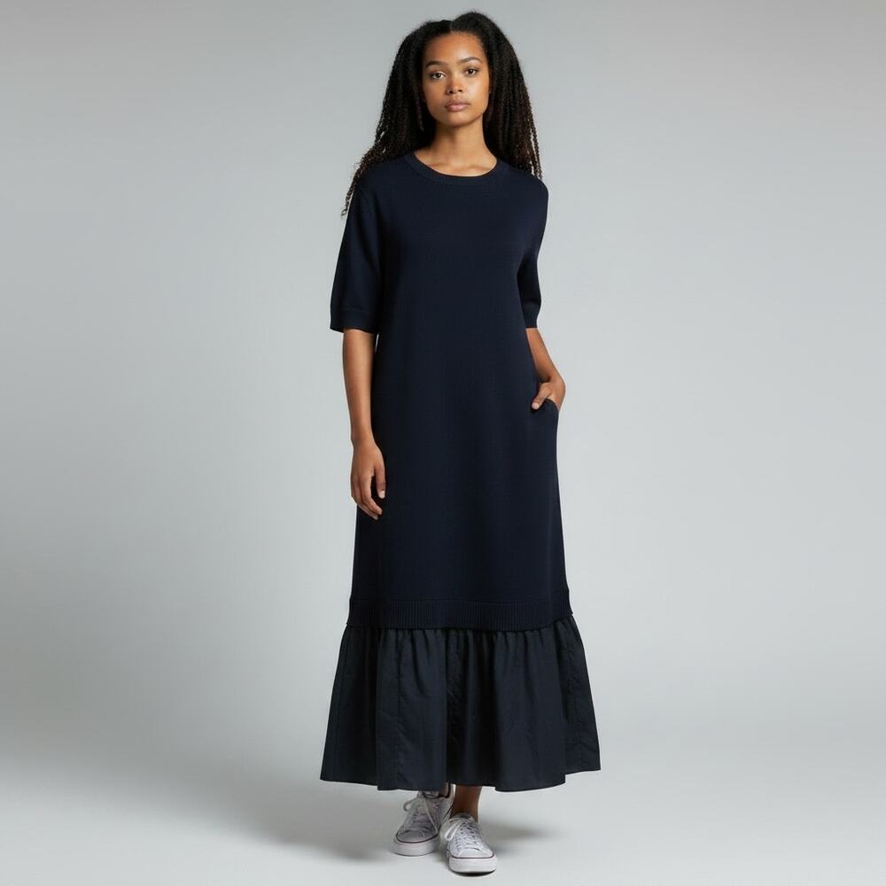 COS Black Knit Mixed Media Maxi Dress Ruffle Flounce Hem Short Sleeve S NWT